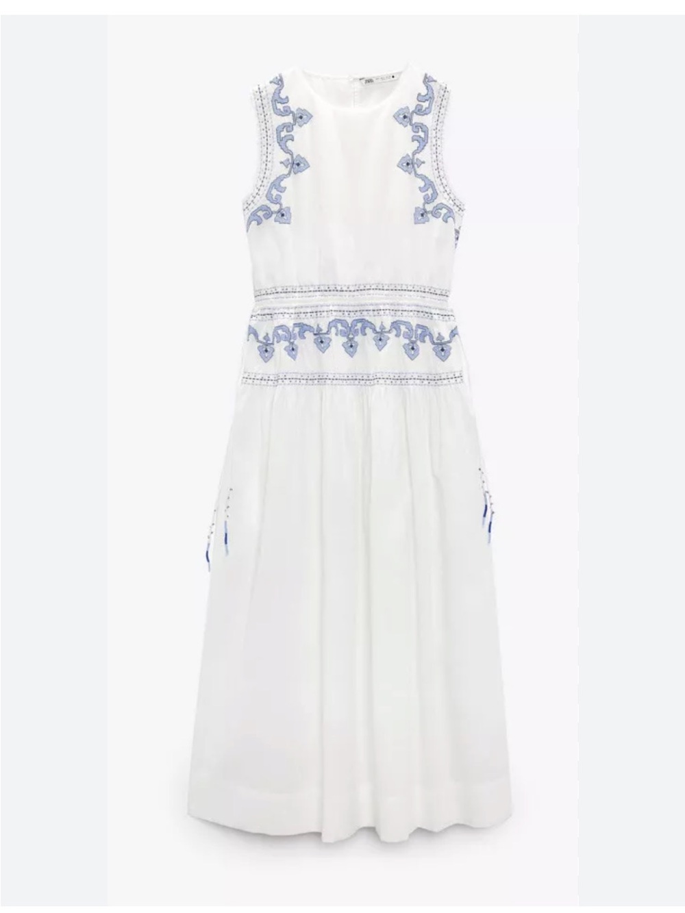 Zara Embroidered Midi Maxi Dress White Blue Cotton Embellished Boho S Small - Picture 4 of 15